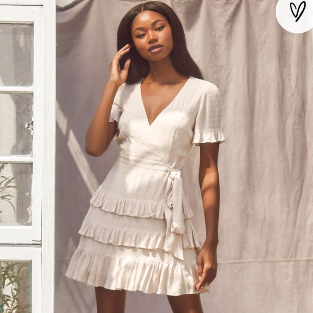 Cream Tiered Faux Wrap Mini Dress
